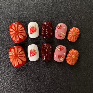Handmade 3D Press On Nails: Strawberry Gel Faux Nails, Reusable