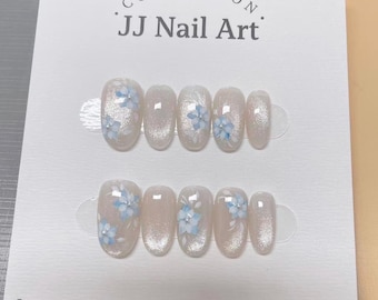 Custom Nail Shape Hand Painted Press On Nails, Light Blue Flowers, Reusable Cat Eye