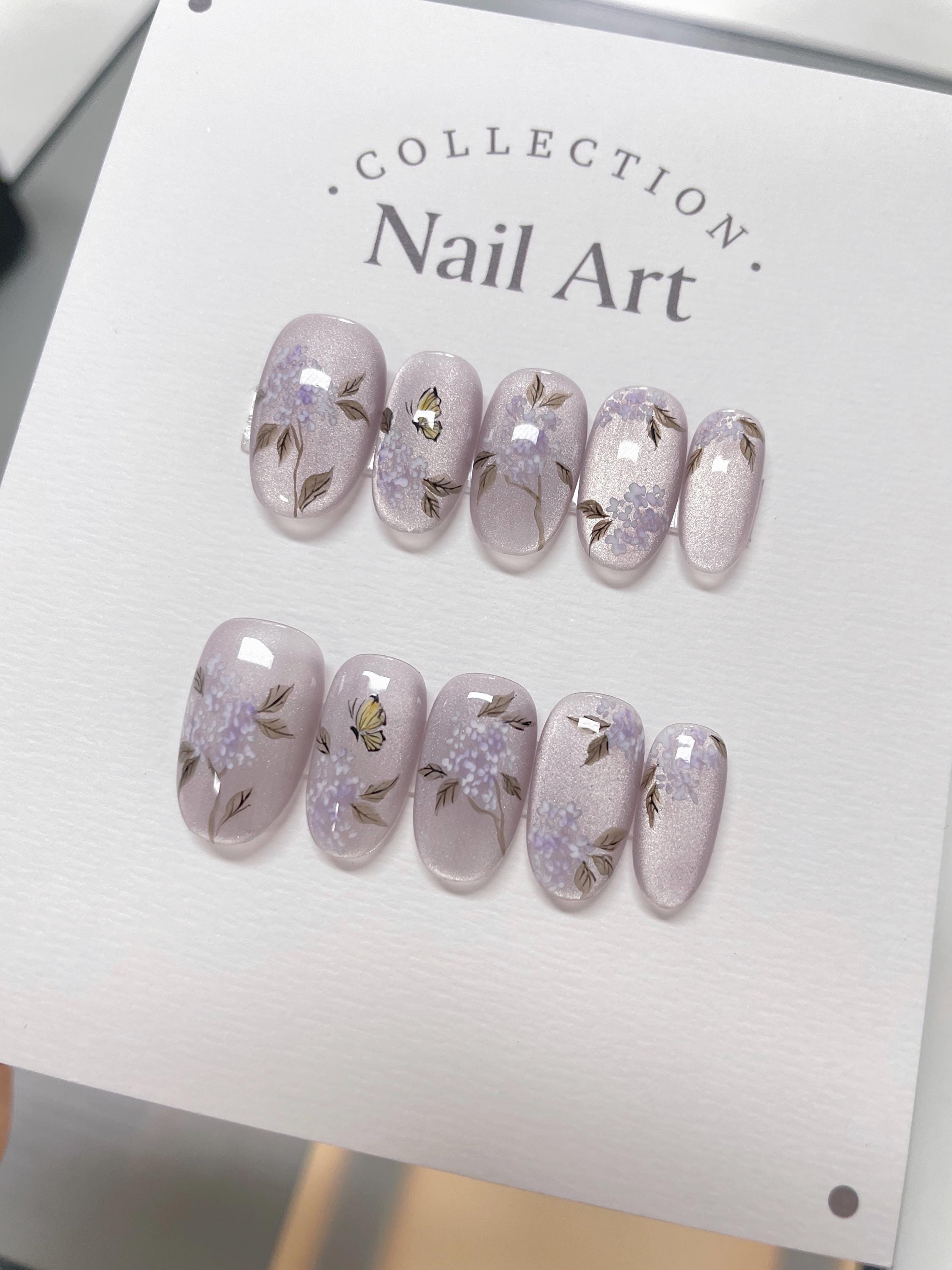 Lavender Butterfly Cat Eye Press On Nails: Hand Painted Reusable Faux Nails