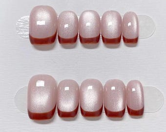 Handmade Burgundy French Tip Press On Nails: Cat Eye Custom Nail Shape