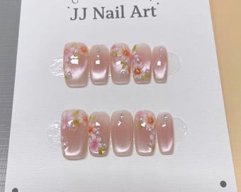 Pretty Petals Cat Eye Press On Nails: Hand Painted Reusable Fake Nails