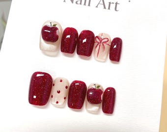 Red Apple Cat Eye Press On Nails: Hand Painted Reusable Faux Nails