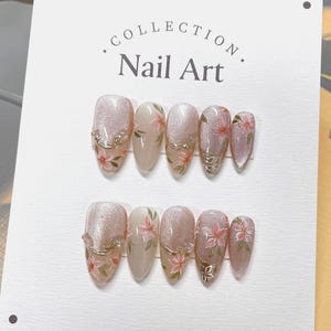 Customized - Stunning Pink Flower Cat Eye Press on Nails, Hand Painted Fake Nails, Colorful Nails, Artist Faux Nails, Reusable Premium Nails