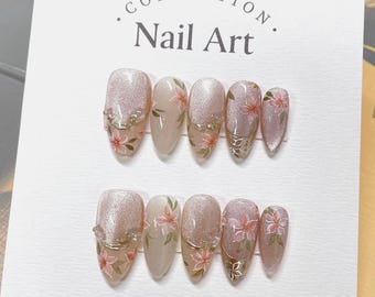 Hand Painted Pink Flower Cat Eye Press On Nails: Reusable Faux Nails