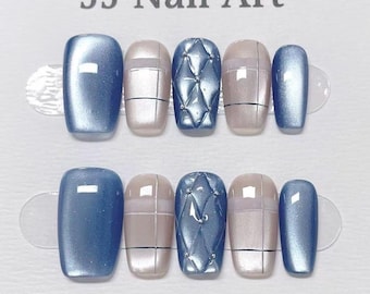 Blå mönster Cat Eye-pressnaglar: Anpassad form, återanvändbart nagelset