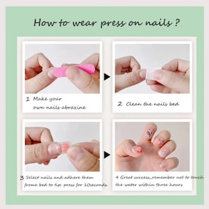 Peut inclure: Un guide &eacute;tape par &eacute;tape pour appliquer des faux ongles. L'image montre quatre &eacute;tapes : limer les ongles, nettoyer le lit de l'ongle, appliquer les faux ongles et le r&eacute;sultat final. Le texte dit : "Comment porter des faux ongles ?"