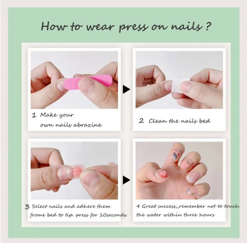 Peut inclure: Un guide &eacute;tape par &eacute;tape pour appliquer des faux ongles. L'image montre quatre &eacute;tapes : limer les ongles, nettoyer le lit de l'ongle, appliquer les faux ongles et le r&eacute;sultat final. Le texte dit : "Comment porter des faux ongles ?"