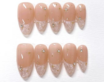 Customized - Pearlescent French Press on Nails, Hand Painted Fake Nails, Colorful Nails, Artist Faux Nails, Reusable Premium Nails
