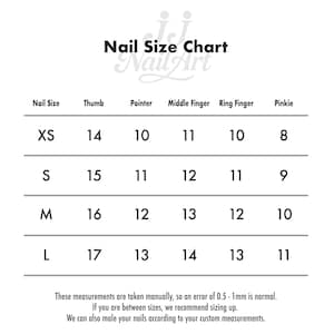 May include: A white nail size chart with black text. The chart lists nail sizes XS, S, M, and L, with corresponding measurements for thumb, pointer, middle finger, ring finger, and pinkie. The text at the bottom provides sizing recommendations.
