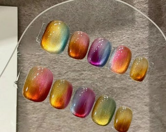 Candy Cat Eye Press on Nails, Gel Fake Nails, Cute Colorful Nails, Event Nails, Artist Faux Nails, Medium Short Square Nails, Reusable Nails