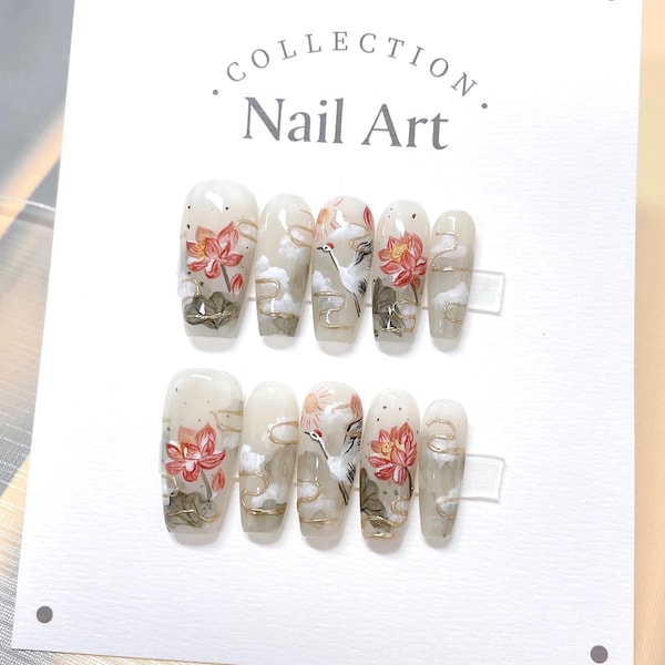 Lotus Stork Press On Nails: Hand Painted Reusable Faux Nails