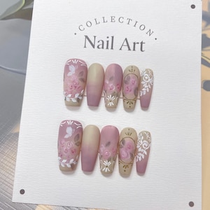 Unhas personalizadas de rosas cor-de-rosa vintage, unhas postiças pintadas à mão, unhas coloridas, unhas postiças de artista, unhas premium reutilizáveis