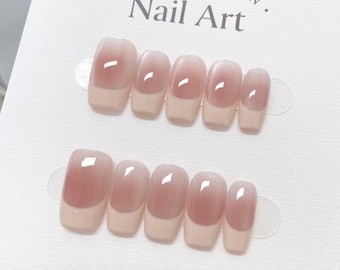 Hand Painted French Tip Press On Nails: Reusable Artist Faux Nails