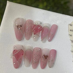 Sweet Heart Press on Nails Gel Fake Nails Cute Colorful Nails Shinning Nails Event Nails Artist faux nails Almond Shape Nails Reusable Nails