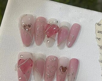 Sweet Heart Press on Nails Gel Fake Nails Cute Colorful Nails Shinning Nails Event Nails Artist faux nails Almond Shape Nails Reusable Nails