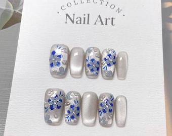 Blue Flowers Cat Eye Press On Nails: Hand Painted Reusable Faux Nails