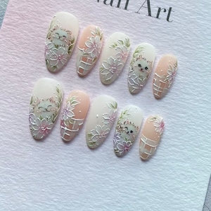 Handmade Smiling Cat Press On Nails: Floral Coquette Almond Gel Nails
