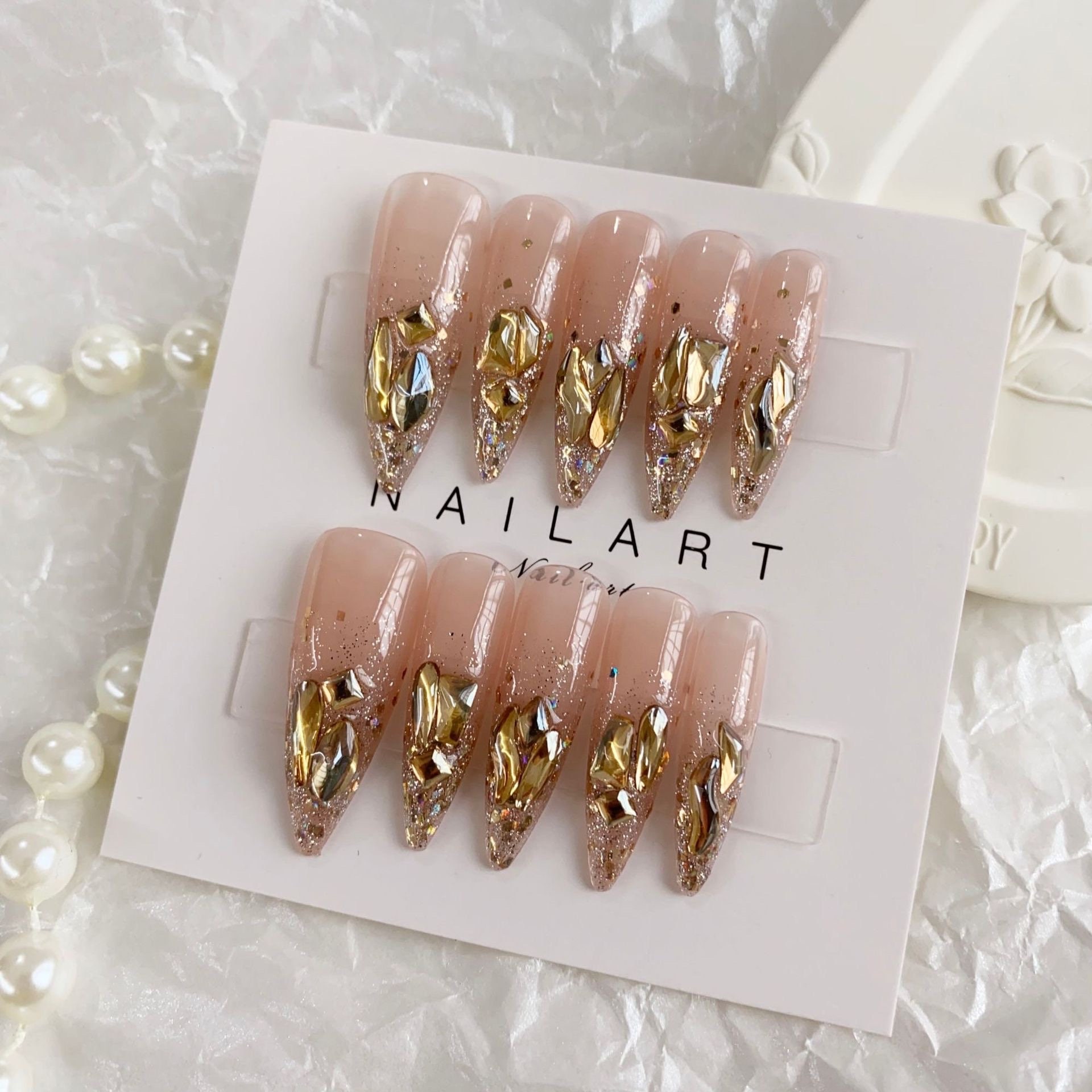 Champagne Armor Press on Nails Gel Nails Fake Nails Hand Made Sparlking Nails Artist Faux Nails Medium Coffin Shape Nails Fancy Nails