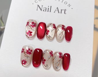 Hand Painted Red Flower Cat Eye Press On Nails: Reusable Faux Nails