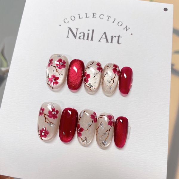 Hand Painted Red Flower Cat Eye Press On Nails: Reusable Faux Nails