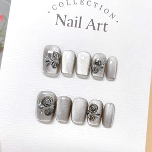 Customized - Stunning Black Roses Cat Eye Press on Nails, Hand Painted Fake Nails, Colorful Nails, Artist Faux Nails, Reusable Premium Nails
