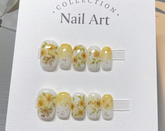 Uñas postizas reutilizables de girasol pintadas a mano