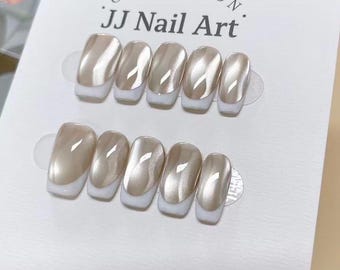 Handgjorda Cat Eye-pressnaglar: Återanvändbart set med vita French Tip-naglar