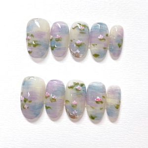 Hand Painted Water Lily Press On Nails: Reusable Artist Faux Nails