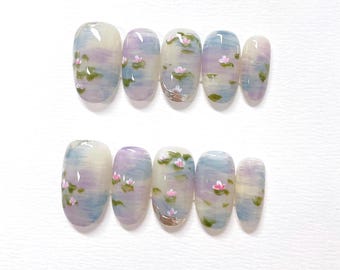 Cute Colorful Water Lilies Press on Nails, Customized Hand Painted Fake Nails, Glue On Nails, Artist Faux Nails, Reusable Premium Nails
