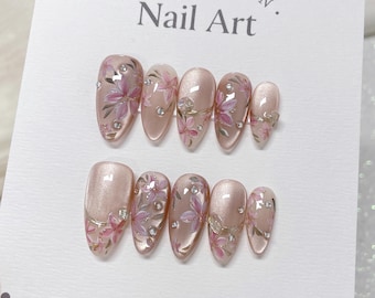 Pink Lily Press On Nails, Crystal Bead Hand Painted Custom Nail Shape, Reusable