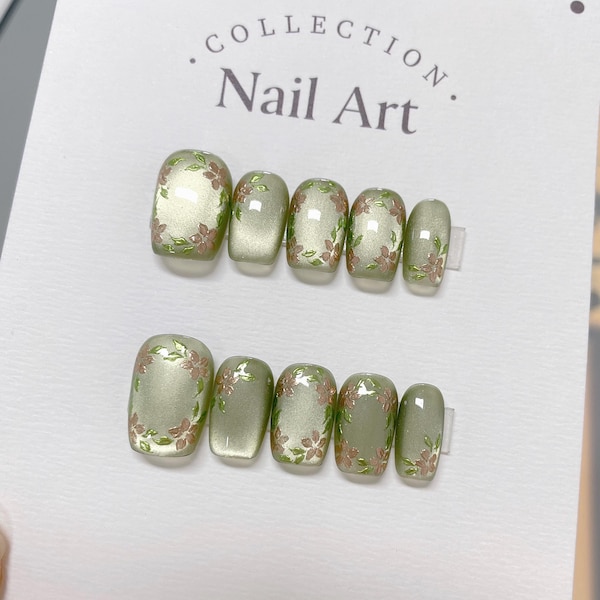 Hand Painted Spring Flowers Press On Nails: Reusable Green Floral Faux Nails