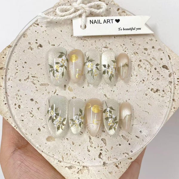 Gold Moon Press On Nails: White Flower Hand-Painted Faux Nails