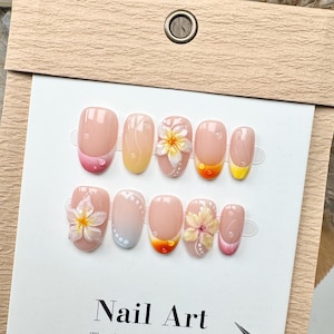 Dopamine Colors 3D Flowers Press on Nails, Customized Hand Painted Fake Nails, Colorful Nails, Artist Faux Nails, Reusable Premium Nails