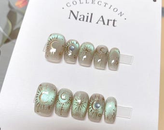 Sun & Moon Press On Nails: Hand Painted Reusable Faux Nails