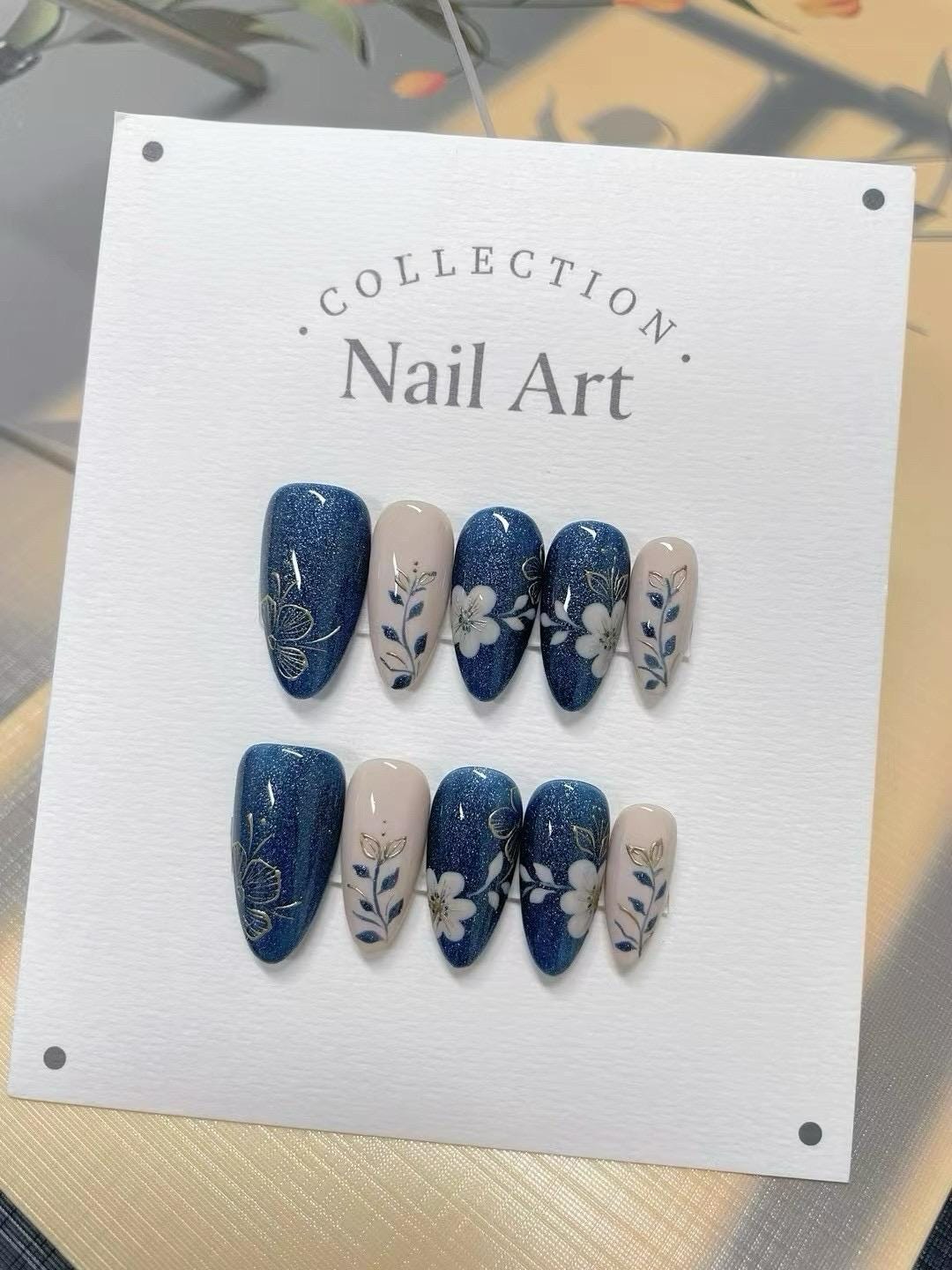 Flowers With Vines in Blue Customized Press on Nails, Hand Painted Fake Nails, Fancy Nails, Artist Faux Nails, Reusable Premium Nails