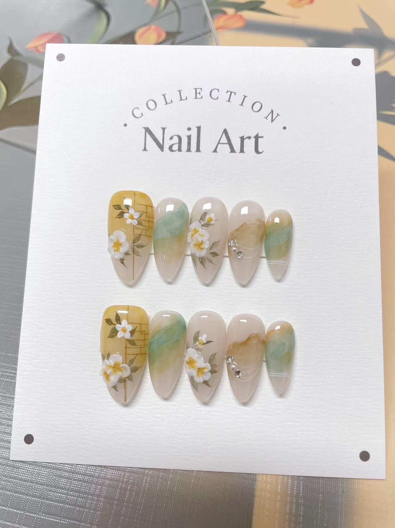 Spring Flowers W Mountain Customized Press on Nails, Hand Painted Fake Nails, Cute Fancy Nails, Artist Faux Nails, Reusable Premium Nails