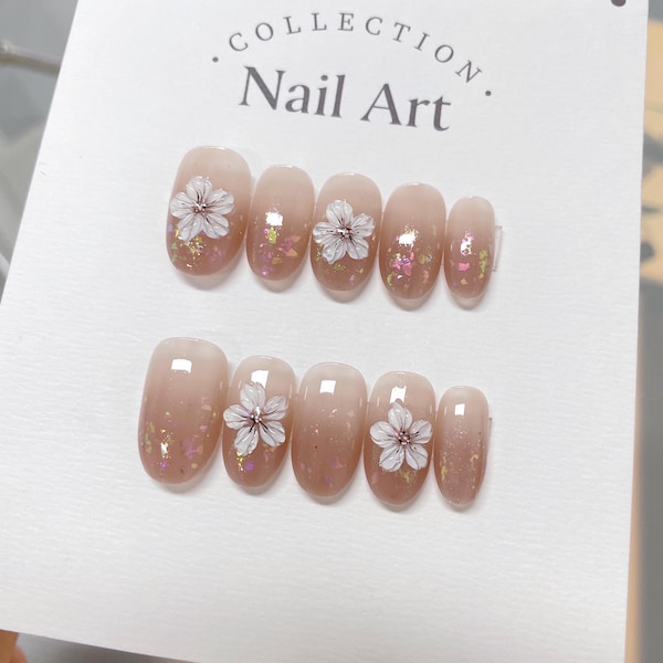 Blooming Spring Glitter Press On Nails: Hand Painted Floral Faux Nails
