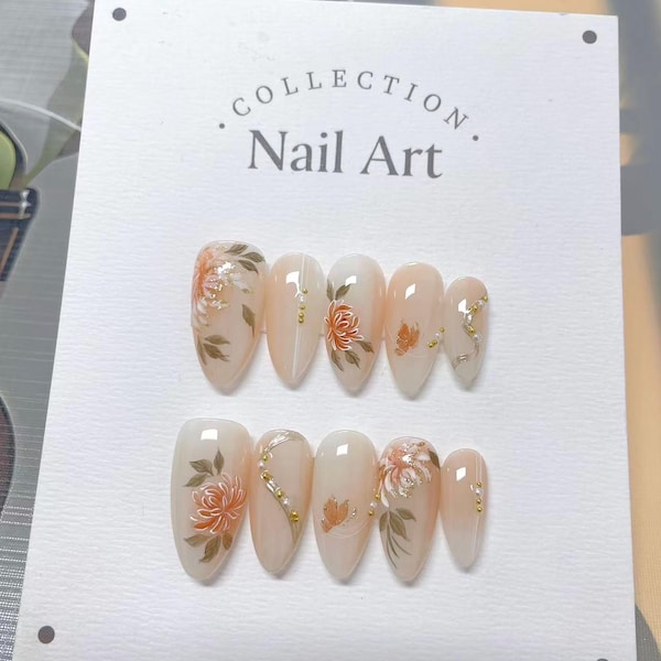Custom Nail Shape Hand Painted Mum Press on Nails, Reusable Comfortable Nails