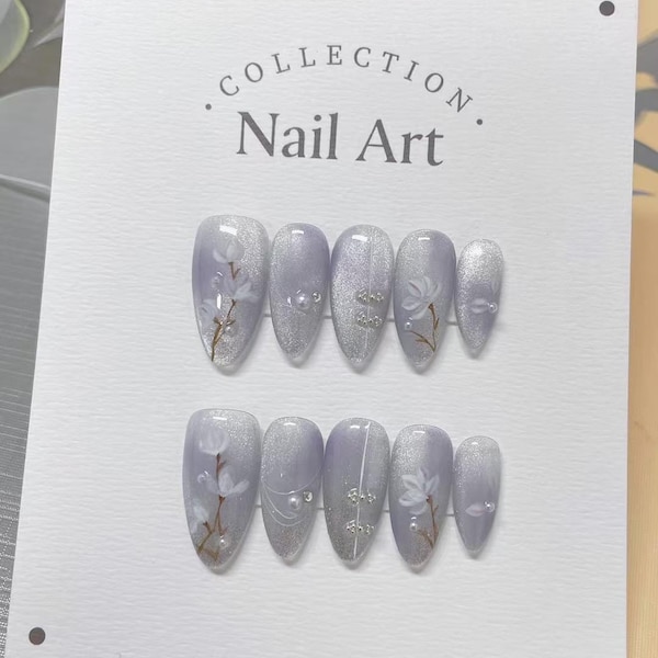 Hand Painted Press On Nails: White Orchards, Purple, Reusable