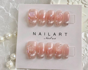 Pearl Camellia Press On Nails: Handmade Elegant Gel Coffin Nails