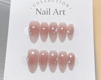 Glitters French Tip Press On Nails: Hand Painted Reusable Artist Faux Nails