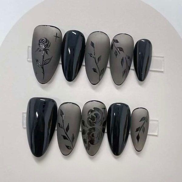 Handmade Black Rose Press On Nails: Reusable Gel Coquette Nails