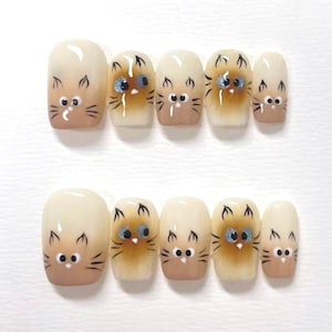 Aangepast - prachtige schattige katjes handverf pers op nagels, elegante nepnagels, kleurrijke nagels, kunstnagels artiest, herbruikbare premium nagel