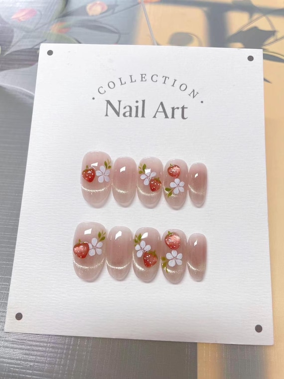 Hand Painted Strawberry Press On Nails, White Flowers, Reusable Custom Nail Shape