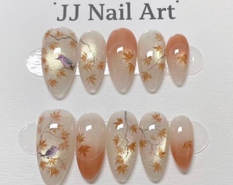 Handmade Birds Leaves Press On Nails: Reusable Set
