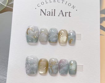 Ongles oeil de chat lune et étoiles : faux ongles réutilisables peints à la main