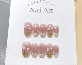 Custom Nail Shape Hand Painted Tulip Press On Nails, Lace French Faux Nails, Reusable