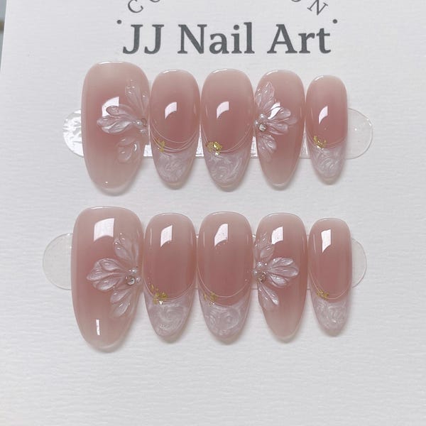 Pearlescent Petal French Press On Nails: Reusable Custom Shape Set