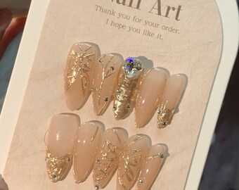 Golden Butterfly Press on Nails Gel Fake Nails Cute Elegant Nails Artist Faux Nails Long Stiletto Shape Nails 3D Reusable Nails Event Nails