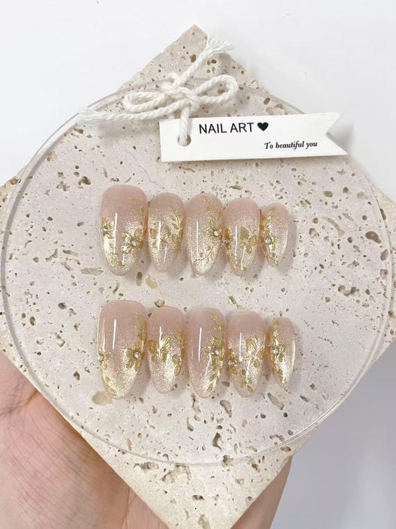 Gold Flowers Press On Nails: Hand Painted Reusable Faux Nails